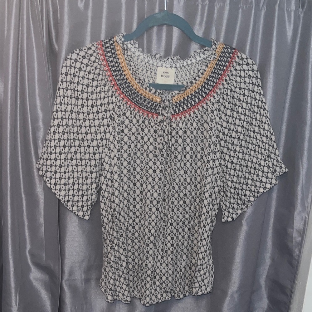 Knox Rose Black and White Geometric Blouse with Colorful Accents